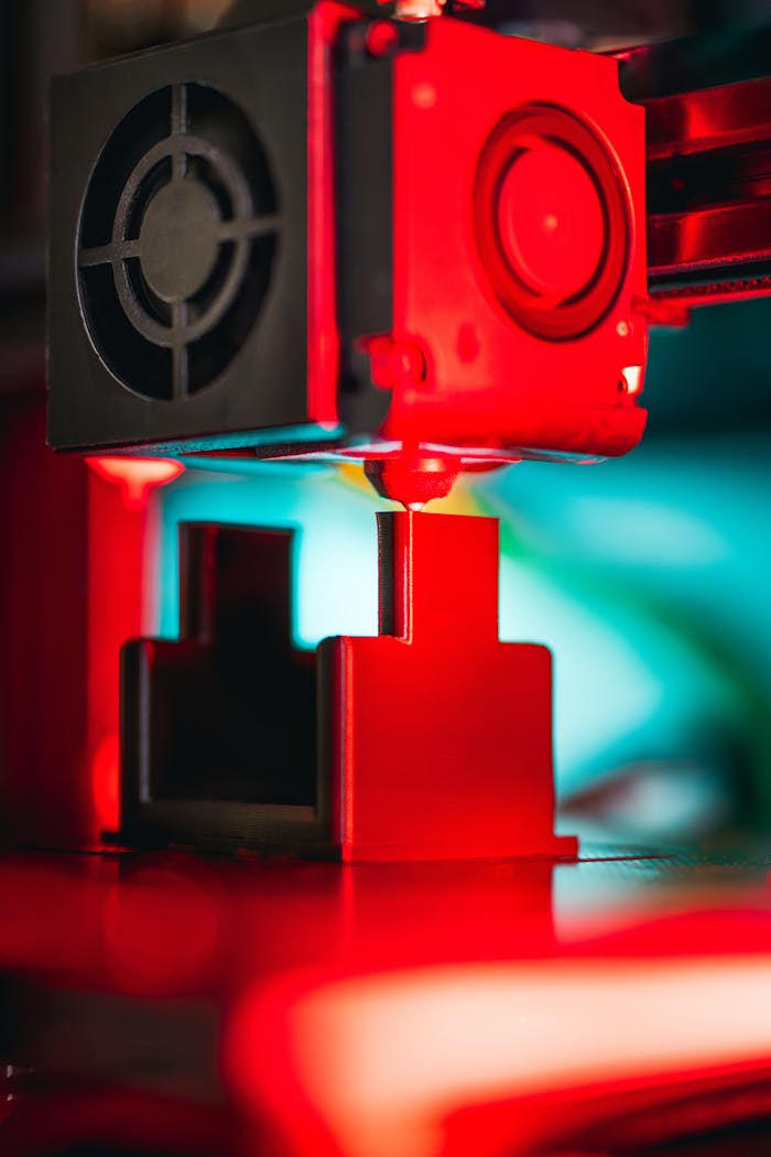 Vibrant image of a 3D printer working on a design with red lighting.